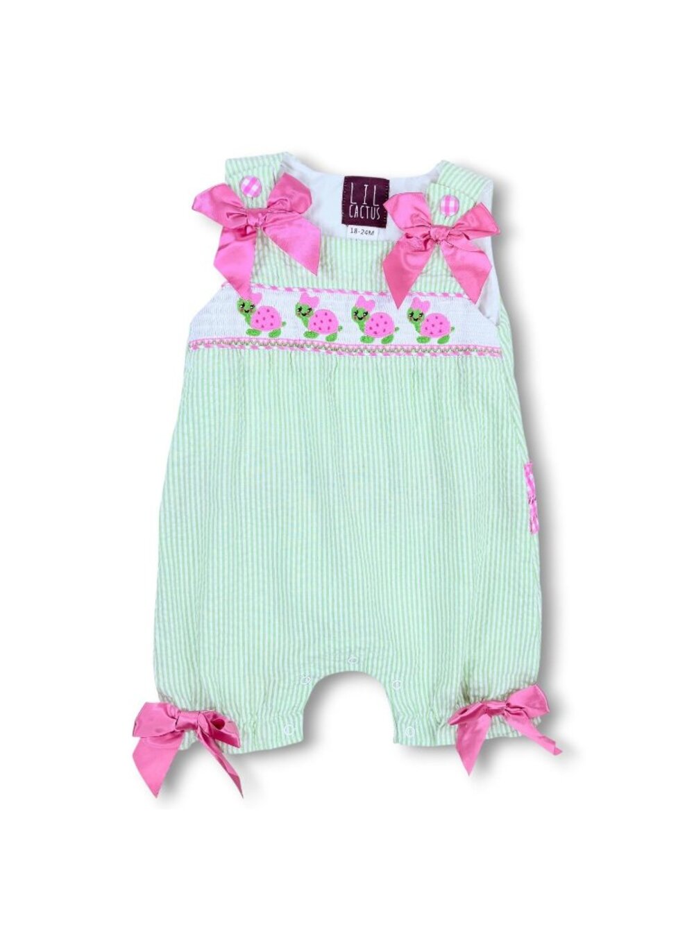 Lil Cactus Seersucker Turtle Bow Ruffle Bum Smocked Bubble Romper Outfit 18-24m